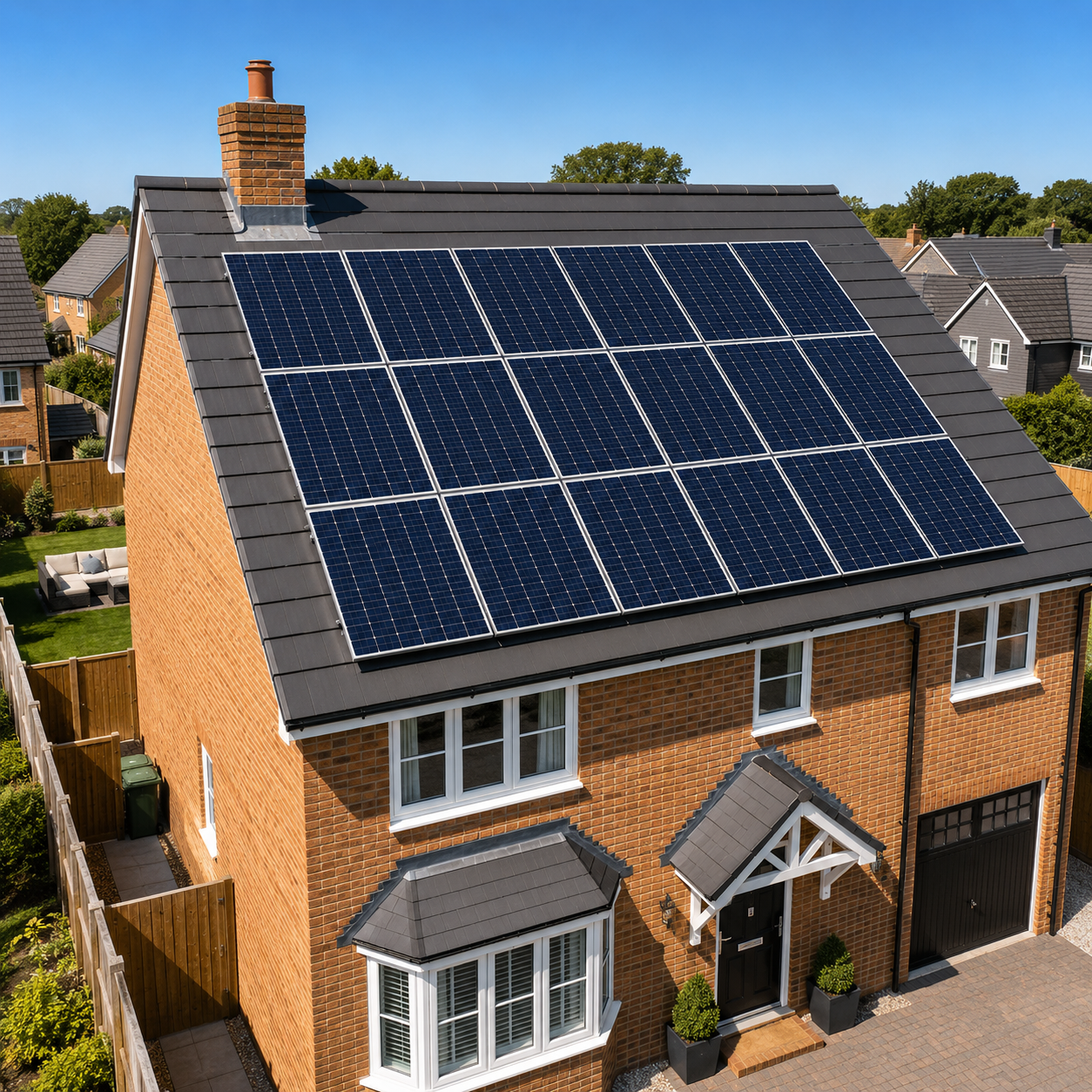 Free residential solar support Detached UK home with a full roof solar panel array
